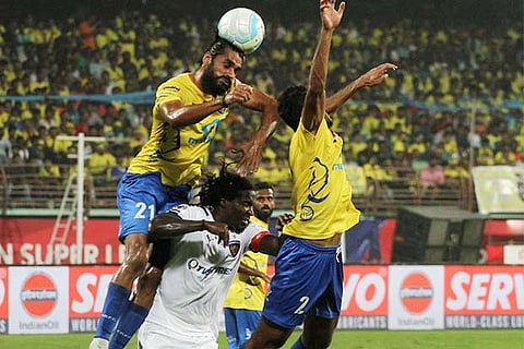 Action during the Kerala Blasters and Chennaiyin FC ISL match at Kochi on Saturday. Kerala won 3-1