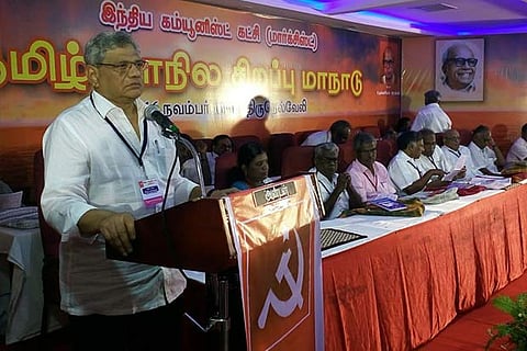 Sitaram Yechury, Rajya Sabha member, addressing the cadre during the state conference of the CPM