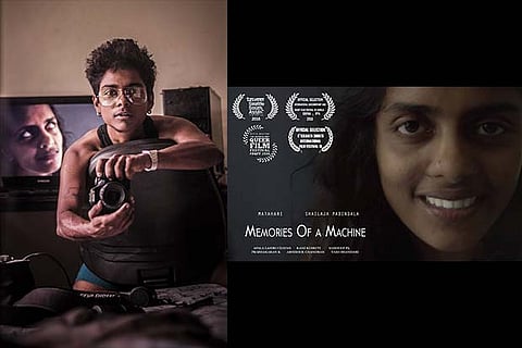 Shailaja Padindala and the poster of the film Memories of a Machine