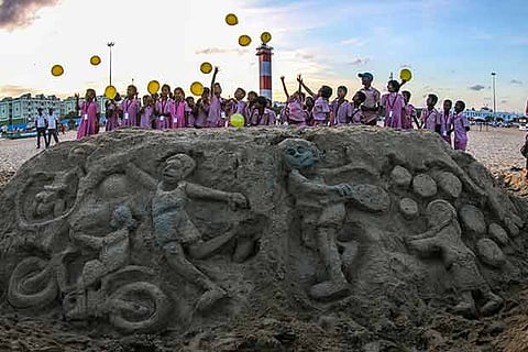 Artist Sivaraman built a sand sculpture at Marina Beach