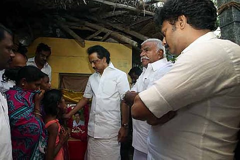 DMK treasurer MK Stalin consoles the family of farmer who committed suicide due to crop failure