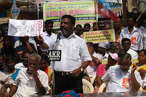 Thol Thirumavalavan addressing a protest in Madurai