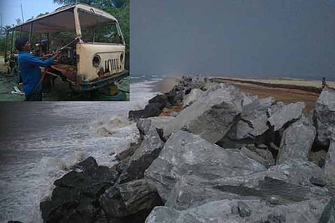 The yet-to-be inaugurated highway at Arichalmunai and (inset) a corroded passenger van
