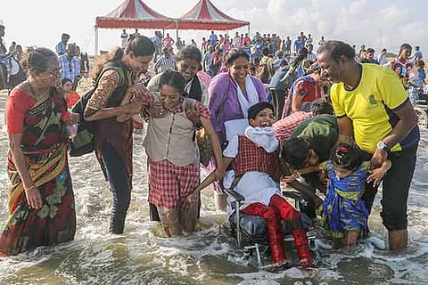 Differently-abled persons at the Marina beach in Chennai