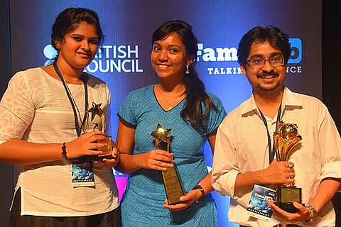 Winners Gayathri, Rini and Prabahan with their trophies