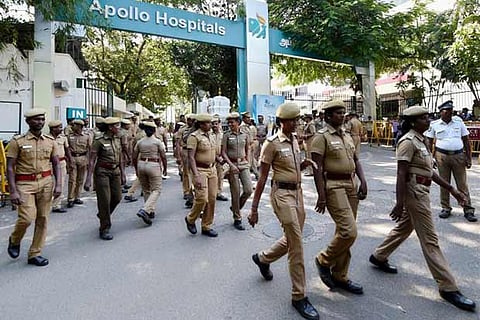 Police personnel deployed at Chennai's Apollo Hospital, where TN CM J Jayalalithaa is being treated