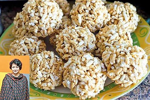 Pori urundai (puffed rice balls) Insert: Chef Ramaa Shanker