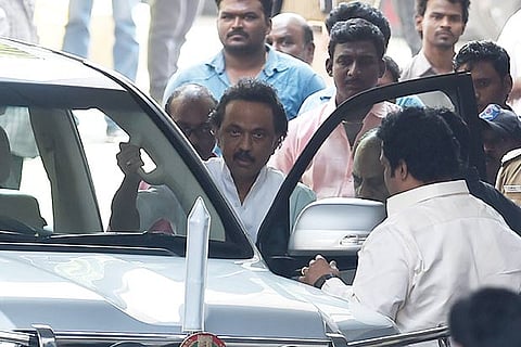 DMK treasurer MK Stalin leaves after visiting his father M Karunanidhi at Kauvery hospital