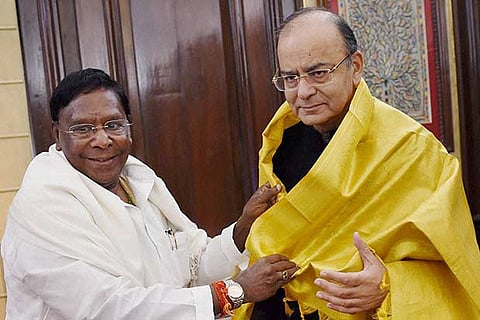 Puducherry CM V Narayanasamy makes a courtesy call on Finance Minister in New Delhi
