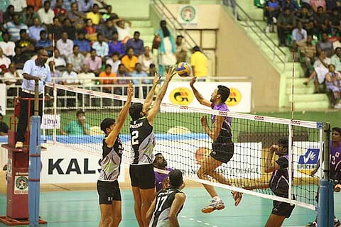 Action during the Indian Railway-Punjab National Bank semi-final at the National Volleyball Champion