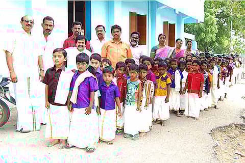 Students of Tamil Baptist Primary School at Ettayapuram clad in dhotis