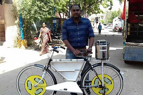 Sivaraj stands with his product, that will be available for demo from Friday onwards
