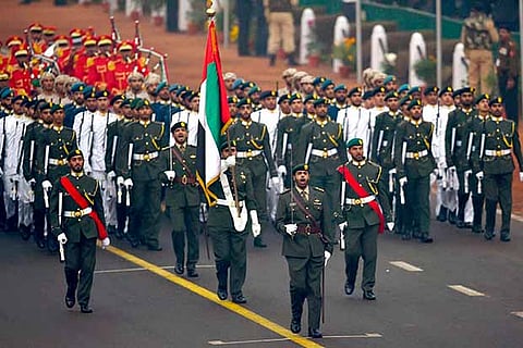 A military contingent of the United Arab Emirates leads the march past at the Rajpath