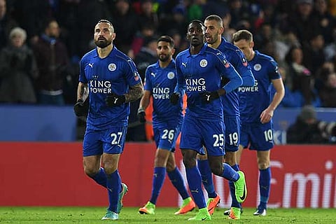 Team-mates rush to congratulate Wilfred Ndidi (second from right)