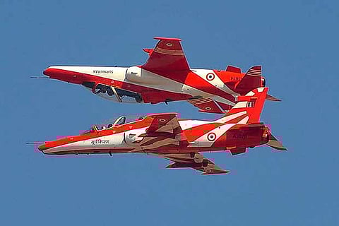 The Indian Air Force?s aerobatic display team ?Surya Kiran? performs during Aero India show