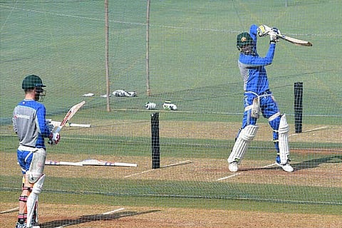 Oz batsmen at the nets ahead of their three-day warm-up match against India ?A?