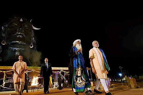 PM Narendra Modi with Jaggi Vasudev during the unveiling of the 112-foot statue of Adiyogi