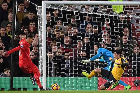 Roberto Firmino (left) about to score Liverpool?s first goal
