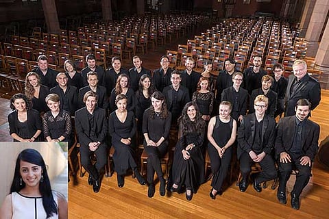 Members of the Yale Schola Cantorum from Yale University; (inset) Reena Esmail
