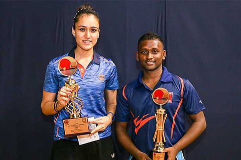 Manika Batra (left) and Antony Amalraj, winners of the inter-unit TT tournament