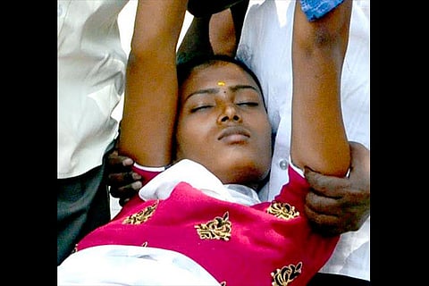 Karthigadevi, who lost consciousness at the Madurai collectorate (Photo: Imthiyas Ali)