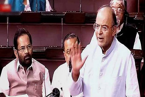 Finance Minister Arun Jaitley speaks in the Rajya Sabha