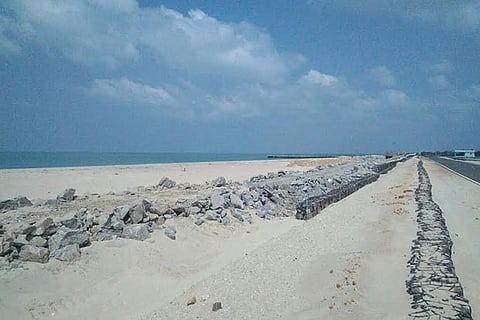 Road laying works in progress and large boulders seen near the coast in Dhanushkodi