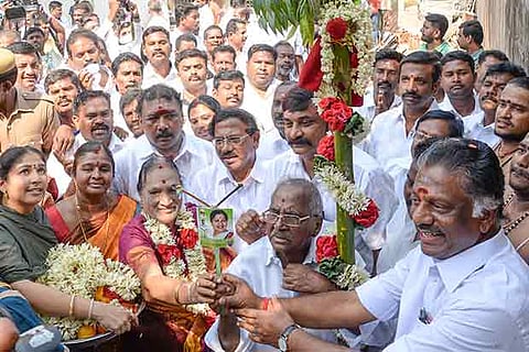 O Panneerselvam inaugurating the election office of his nominee E Madhusudhanan at RK Nagar