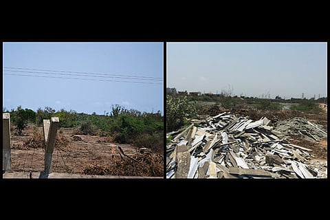 Nearly 50 acres of green belt has been cleared and (R) Asbestos waste dumped in Ennore