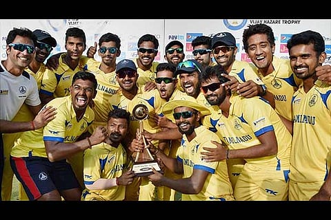 Tamil Nadu players take a selfie after winning the Deodhar Trophy