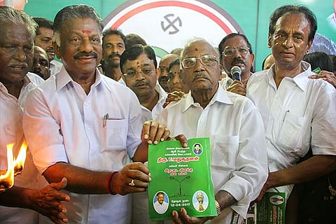 OPS releases the manifesto of his group AIADMK (PTA) for the RK Nagar by-election (Photo: Justin)