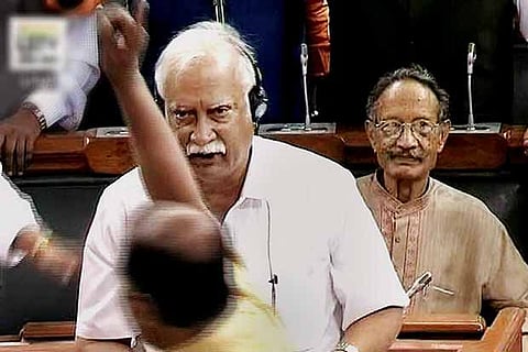 A Shiv Sena member protests during Civil Aviation Minister Ashok Gajapathi?s speech in Lok Sabha
