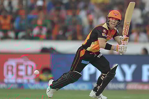 David Warner play a shot during his knock of 76