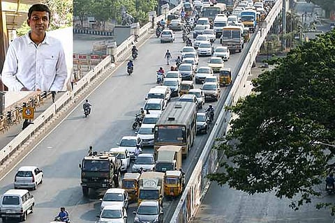 Vehicles stranded on Gemini flyover; (Insert) Pradeep whose car was pulled in by the sinkhole