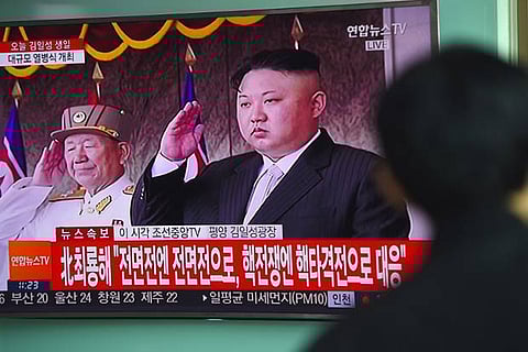 News broadcasting live footage of parade marking the 105th birth anniversary of founder Kim Il-Sung