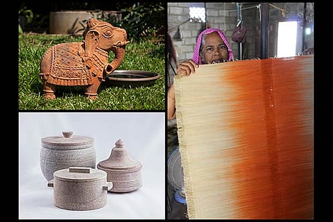 Terracotta animal sculpture; Jeenat, an artisan shows a new mat she created; eco-friendly stoneware