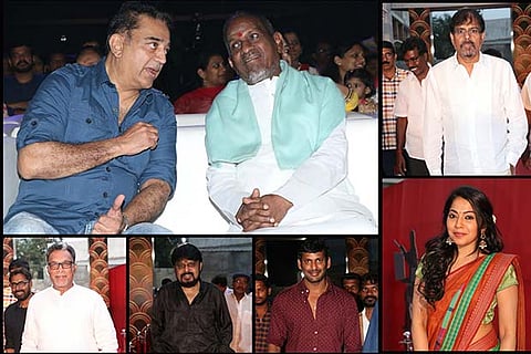 (Clockwise) Kamal Haasan and Ilayaraja; Selvamani; Nasser; Vikraman; Vishal; Ramya