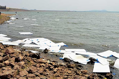 The thermocol floating on the Vaigai dam