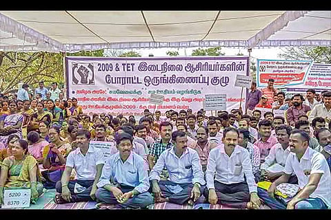 State government school teachers stage a protest at Valluvar Kottam