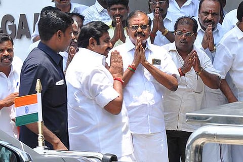 Chief Minister Edapadi Palanisamy being greeted by cadre at the AIADMK headquarters in Royapettah