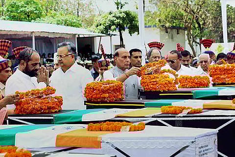 Union Home Minister Rajnath Singh pays tribute to the jawans in Raipur