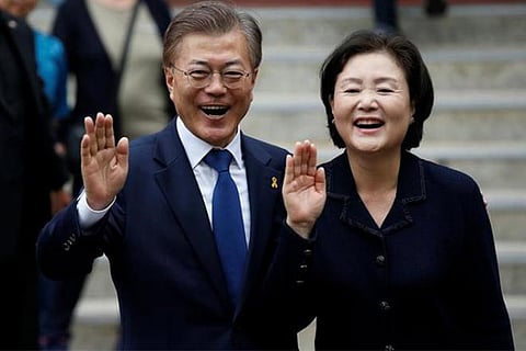 Moon Jae-in who decisively won South Korea's presidential election along with his wife Kim Jung-sook