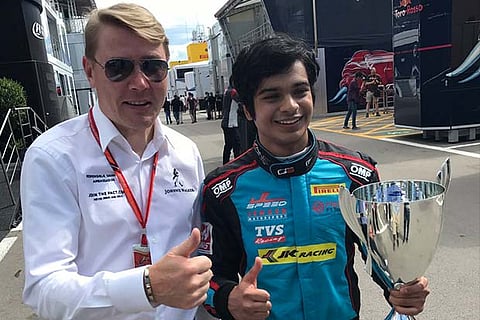 Arjun Maini (right) with Formula One legend Mika Hakkinen after his Barcelona GP3 win