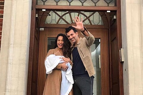 Lisa Haydon with baby Zack and husband Dino Lalvani