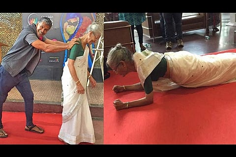 Milind helping his mother train; (right) the 78-year-old doing planks