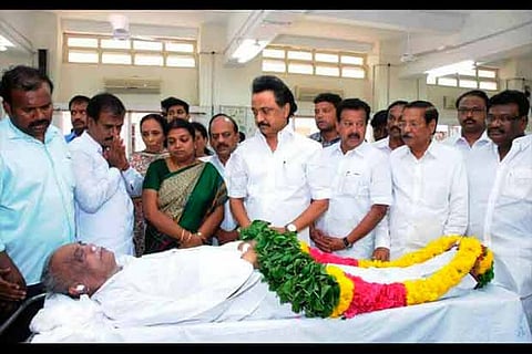 DMK working president MK Stalin pays his respects to DMK leader N Periyasamy at a hospital