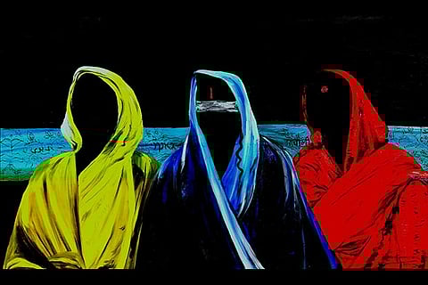 A painting representing Kunti, Gandhari and Paanchali by Ponni Concessao