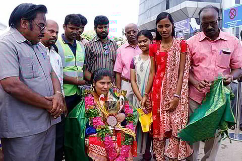 K Jennitha Anto at the Tiruchy Airport
