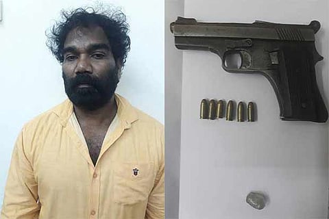 (Left) Shamsundar Singh, the pistol, bullets and an unpolished diamond