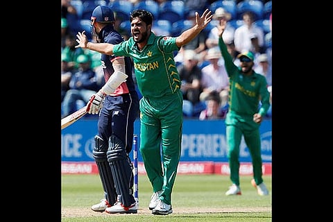 Rumman Raees appeals unsuccessfully during the ICC Champions Trophy semifinal match